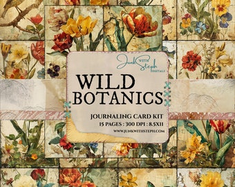 May include: A digital collage kit featuring 15 pages of floral illustrations in a vintage style. The kit includes a variety of flowers, including tulips, roses, and pansies, in shades of red, yellow, orange, and blue. The text "WILD BOTANICS" is featured in the center of the image.