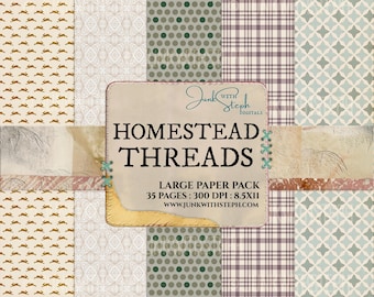 Homestead Threads: Paquete grande de papel para diario basura con fondo textil sin costuras (descarga digital)