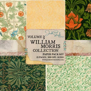 May include: A digital paper pack kit featuring 15 pages of William Morris designs. The designs are in a variety of colors, including green, orange, and yellow. The text on the image reads "Volume 3 William Morris Collection Paper Pack Kit 15 Pages: 300 DPI: 8.5x11 www.junkwithsteph.com".