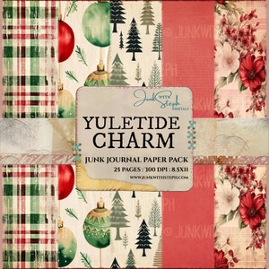 Yuletide Charm - 25 Seiten Journal Papier Pack Digital Printable Kit Sofortiger Download Hintergrund Junk Weihnachten Festliche karierte Stoff Texturen