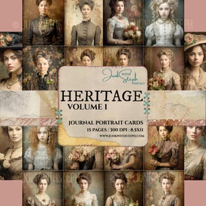 Heritage v1 - 15 pages de cartes de journalisation avec des portraits de style ancien de la fin des années 1800, vintage éphémères éphémères scrapbooking de journal indésirable