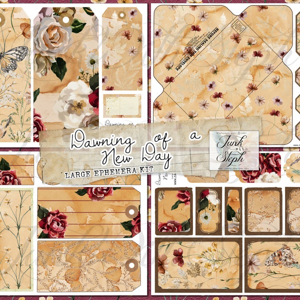 Dawning of a New Day: LARGE Ephemera Kit - 20 Ephemera Pages - Wildflower Shabby Chic Tea Stained Junk Journal Labels Cards Tags Envelope