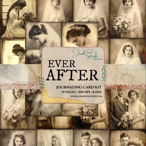 Ever After - 15 páginas de tarjetas de diario con retratos de estilo antiguo, efímeras vintage de la novia de 1900, diario basura, álbumes de recortes, bodas