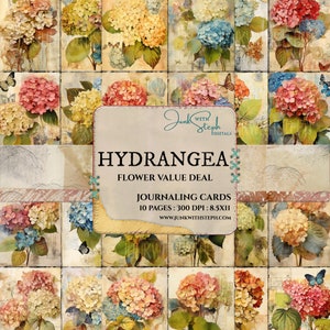 Offre florale - hortensia -10 pages de carte de journalisation technique mixte collage portrait carte éphémère indésirable journal scrapbooking floral