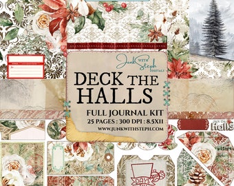 Deck the Halls - 25 Page FULL Junk Journal Kit Watercolor Poinsettia Christmas Red Green Holiday XMAS Junk Journal Backgrounds Ephemera Tags