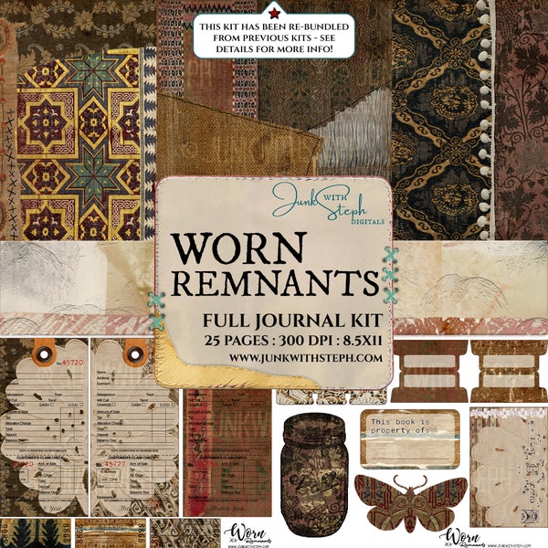 Worn Remnants - FULL JOURNAL KIT - Highly detailed Antique Old Fabric Embroidered Stitched Textured Patterned Background Junk Collage Brown