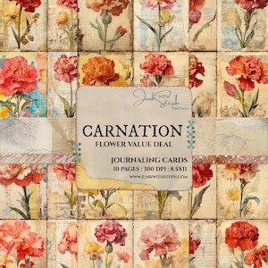 Offre florale - oeillet - 10 pages de cartes de journalisation collage technique mixte portrait éphémère indésirable journal scrapbooking floral