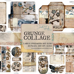 Puede incluir: Un kit de collage digital con 20 páginas de efímeras de estilo grunge. El kit incluye una variedad de elementos, como diseños florales, un frasco con una mariposa y un calendario. El kit mide 21,6 cm por 27,9 cm y 300 DPI. El texto "Junk with Steph Digitals" y "Grunge Collage" está incluido en la imagen.