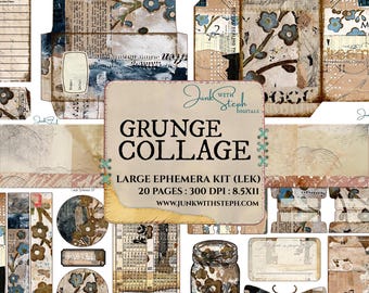 Grunge Collage: Großes Ephemera Kit - 20 Ephemera Seiten mit Mixed Media Collage Thema, Junk Journals Crafting Scrapbooking Tickets Umschläge