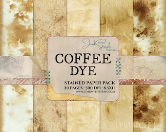 Tinte de café: Paquete de papel manchado con 20 páginas de textura grunge y fondos escaneados reales (descarga digital).