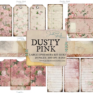 Dusty Pink: LARGE Ephemera Kit - 20 Ephemera Pages - Pink with Blue Shabby Chic Floral Junk Journal Tickets Index Cards Tags Envelope