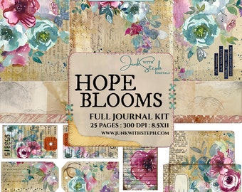 Hope Blooms - FULL JOURNAL KIT - Vibrant Mixed Media Watercolor Pink Blue Floral Words Collage Vintage Textured Junk Journal Background Page