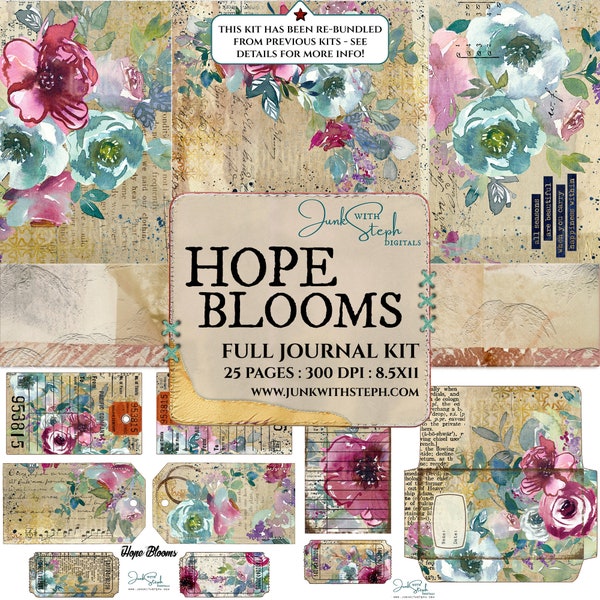 Hope Blooms - FULL JOURNAL KIT - Vibrant Mixed Media Watercolor Pink Blue Floral Words Collage Vintage Textured Junk Journal Background Page