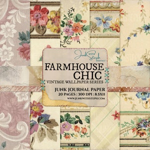 Paper Pack: Farmhaus-Chic Vintage Tapete 20 Seite Hintergrund SOFORT-Download druckbare Vintage-Tapete und Blumenmuster-Junk-Journal