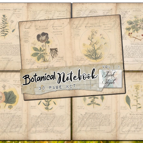 Botanical Notebook v.1 - 30 Page Wildflower Illustration Digital Printable Junk Journal Kit - Specialty Collage Papers - Edith Holden-esque!