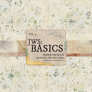 Pode incluir: Um kit de papel digital intitulado "JWS: Basics" de Junk With Steph Digitals. O kit inclui 20 páginas, é de 300 DPI e mede 8,5 x 11 polegadas. A capa apresenta um design floral com uma estética vintage.