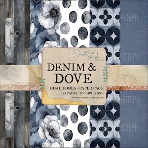 Denim & Dove - 25 Page Dual Tone Pattern Paper Pack Navy Blue Gray Grey White Digital Printable Kit Instant Download Background Junk Journal