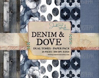 Denim & Dove - Paquet de 25 pages à motif bicolore bleu marine gris gris blanc Kit imprimable numérique Téléchargement instantané arrière-plan Journal indésirable