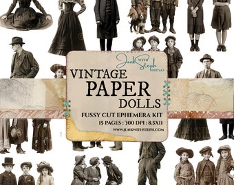 Vintage Paper Dolls - 15 Pages of Black and White Sepia People Children Men Women Fussy Cuts Ephemera scrapbooking cards junk journals focal