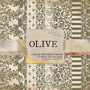May include: A digital paper pack with 10 pages of olive green patterned designs. The patterns include floral, damask, and striped designs. The paper is 300 DPI and 8.5x11 inches. The text "Junk With Steph Digitals" and "Olive" are on the image.