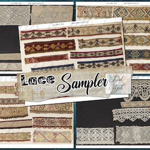 Lace Sampler, Volume 1 - 15 dubbele pagina's met een verzameling oude Lace and Trim-stalen uit een antiek vintage stalenboek van meer dan 75 jaar
