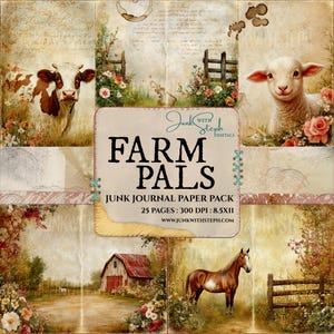 Puede incluir: Un paquete de papel digital titulado "Farm Pals" con ilustraciones de animales de granja, incluyendo una vaca, un cordero y un caballo. El paquete incluye 25 páginas con una estética vintage y rústica, perfecto para diarios basura. El texto "Junk Journal Paper Pack" es visible.