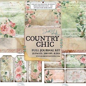 Country Chic - VOLLEDIGE TIJDSCHRIFTKIT - zeer gedetailleerde vintage shabby chic roze groene rozen getextureerde gemengde media patroon achtergrond ongewenste tijdschrift