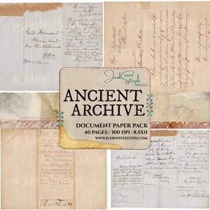 May include: A digital paper pack with 40 pages of vintage-style paper textures. The paper has a worn, aged look with handwritten text and faded ink. The pack is titled "Ancient Archive" and includes the website address "www.junkwithsteph.com".