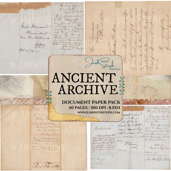 Ancient Archive - 40 page paper pack- vintage grunge scanned aged reciept old letters documents antique 1800s double junk journal background