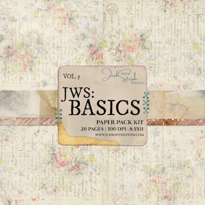 Pode incluir: Um kit de papel digital intitulado "JWS: Basics" de Junk with Steph Digitals. O kit inclui 20 páginas, é de 300 DPI e mede 8,5 x 11 polegadas. O design apresenta um padrão floral vintage com um esquema de cores rosa claro e creme.