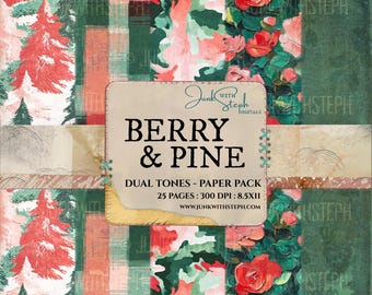 Paquete de papel con doble patrón de bayas y pino: Kit de diario basura de 25 páginas con diseño navideño rojo y verde (descarga digital)
