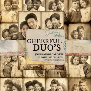 Cheerful Duo's - アンティークな肖像画、兄弟、恋人、ビンテージのエフェメラ、ジャンクジャーナル、スクラップブッキングをフィーチャーした 15 ページのジャーナリング カード