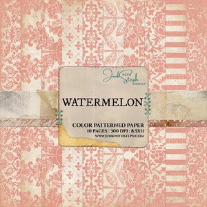 Puede incluir: Un paquete de papel digital con 10 papeles estampados en un esquema de color rosa y blanco. Los papeles presentan una variedad de patrones, incluyendo diseños de damasco, rayas y flores. El paquete se titula "Watermelon" y es de Junk With Steph Digitals.