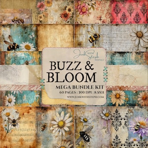 Buzz & Bloom - MEGA BUNDLE KIT, 60 pages - jaune damassé sarcelle rose abeille printanière éphémère texturée, à motifs, arrière-plans techniques mixtes