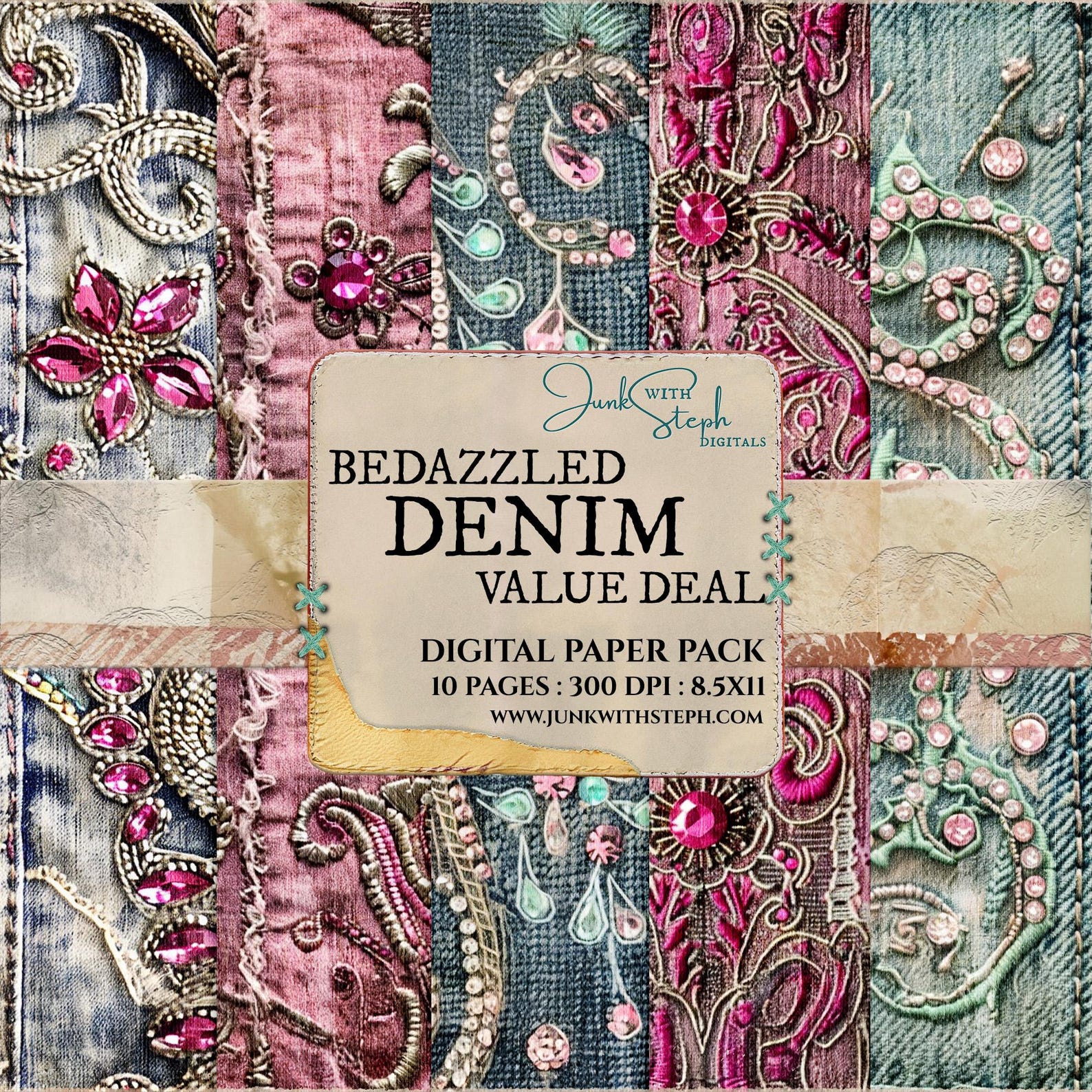 Bedazzled Denim Junk Journal Paper Pack: Pink & Blue Jeans (digital ...