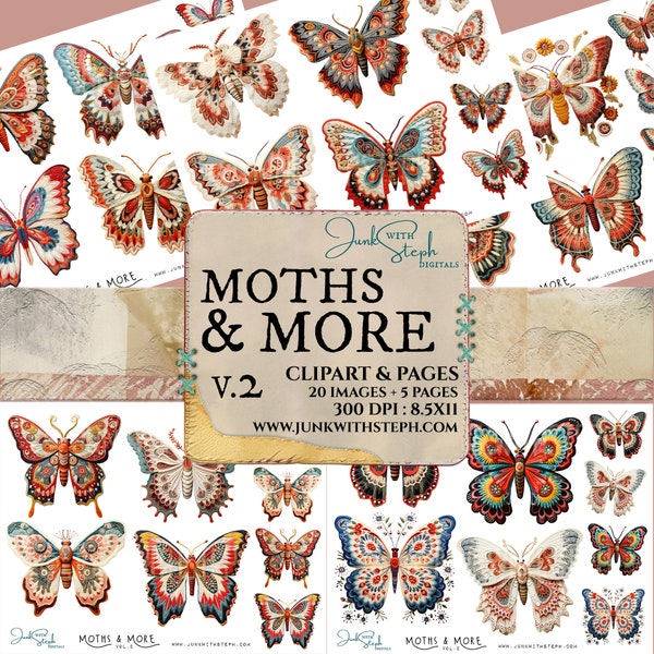 CLIPART: Moths & More v2 - 20 Detailed PNG Embroidered Butterfly/Moth + 5 Fussy Cut Sticker Sheets Handmade Handcrafted scrapbooking journal