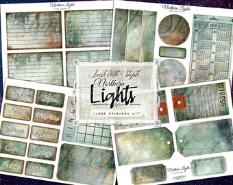 Northern Lights: GROTE Ephemera Kit - 20 Ephemera-pagina's met Starry Galaxy-thema voor Junk Journal Crafting Scrapbooking Tickets Enveloppen
