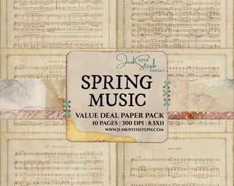 Paquete de papeles para diario musical de primavera: fondos de partituras con estilo grunge de 1915 (descarga digital)