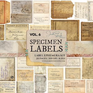 Monsterlabels - Vol. 6 met 20 pagina's, meer dan 150 afzonderlijke ECHTE OUDE VINTAGE-etiketten, specimenscans, grunge Junk Journal, scrapbooking, enz.