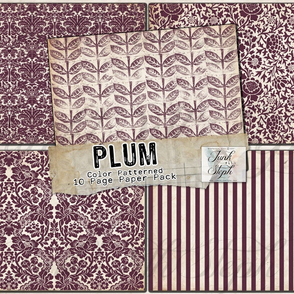 Plum- Color Patterned Paper Pack: 10 Page Damask Textured patterns Background INSTANT download Printable Junk Journal Pages Scrapbook