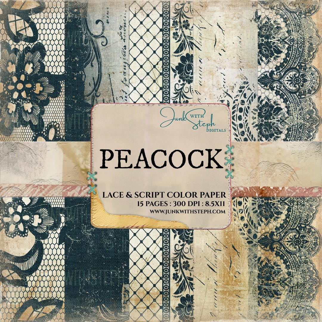 Peacock Lace Script Paper Pack: Teal Printable Junk Journal Pages ...
