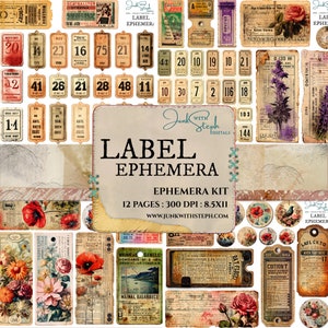 Label Ephemera - 12 Seiten Ticket und Karte Ephemera HOCHDETAILIERTE Vintage 100+ Junk Journaling Spots Etiketten Einstecktaschen Zahlen Skript