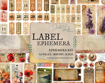 Label Ephemera - 12 Pages of Ticket and Card Ephemera HIGHLY DETAILED Vintage 100+ Junk Journaling Spots Labels Tuck Pockets Numbers Script