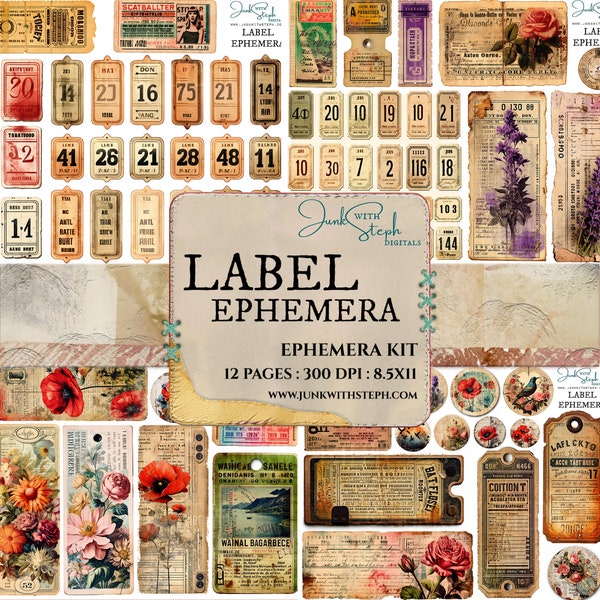 Label Ephemera - 12 Pages of Ticket and Card Ephemera HIGHLY DETAILED Vintage Script 100+ Junk Journaling Spots Labels Tuck Pockets Numbers