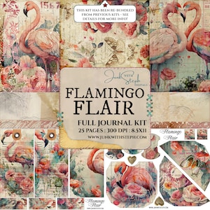 May include: A digital scrapbooking kit featuring pink flamingos, flowers, and butterflies. The kit includes 25 pages, is 300 DPI, and measures 8.5 x 11 inches. The kit is titled "Flamingo Flair" and is available at www.junkwithsteph.com.