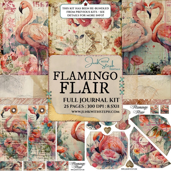 Flamingo Flair - FULL JOURNAL KIT -Highly detailed Watercolor Flamingo Teal Pink Butterfly Mixed Media Pattern Background Junk Script Flower