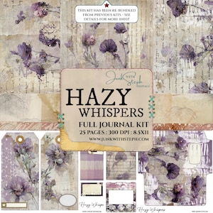 Könnte beinhalten: Ein digitales Scrapbooking-Set mit einem violetten Blumenmuster und dem Text "Hazy Whispers Full Journal Kit 25 Pages: 300 DPI: 8.5x11 www.junkwithsteph.com".