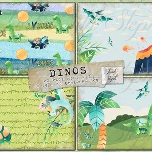 DINOS - A super cute MINI KIT! 20 pages including  10 colorful background and 10 matching ephemera pages! Children Child Baby Book Dinosaurs