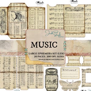 MUZIEK: LARGE Ephemera Kit - 20 Ephemera-pagina's met een neutraal thema met muzieknoten voor junkjournals Crafting Scrapbooking Tickets Enveloppen