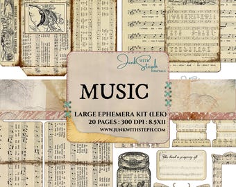 MUSIC: LARGE Ephemera Kit - 20 Ephemera Pages with a Neutral Music Notes theme for Junk Journals Crafting Scrapbooking Tickets Envelopes